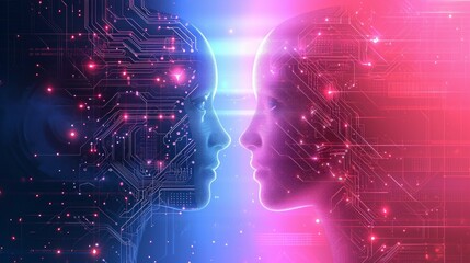 Big data, artificial intelligence, machine learning in online face-to-face marketing concept in form of two woman face - obrazy, fototapety, plakaty