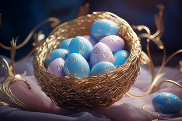 Fototapeta na wymiar Blue Easter eggs in the nest on a dark background. Generated by artificial intelligence. 