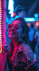 smiling and happy woman at a nightclub, radiating energy and excitement against a vibrant backdrop. This Mexican female person exudes positivity and a carefree spirit, embodying the essence of fun.