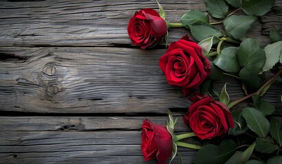 Red Roses for Valentines Day on wooden Ground