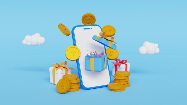 3D open present box or gift box with smartphone. Referral award, online shopping, confetti, falling coins, sale promotion, referring friends, affiliate marketing concept. 4k 3d loop animation