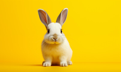 Fototapeta na wymiar Cute fluffy white rabbit on a yellow background. Generated by artificial intelligence. 