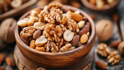 Obraz premium Various Nuts in a Wodden Bowl
