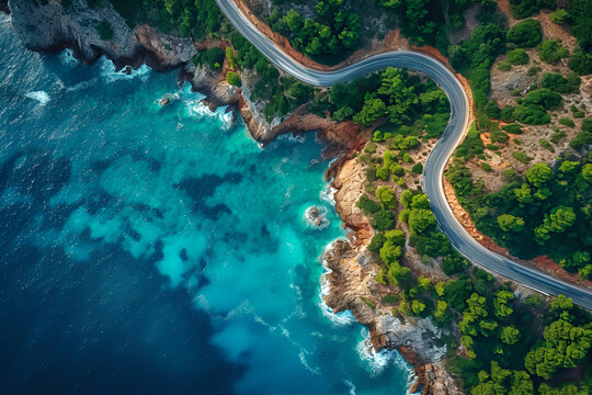 Aerial View Of Road Along The Ocean, Beautiful View