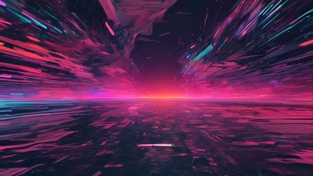 Footage With Retro Futuristic Dynamic Glitch Effect. 80s Glitchy Cyberpunk Aesthetic. Dynamic Retro Future Background.