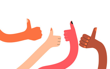 Thumb up hand. Like gesture. Good, great job, well done, ok. Colorful vector illustration. Set of funny diverse cartoon character hands with copy space. Approval, agreement. Best choice concept