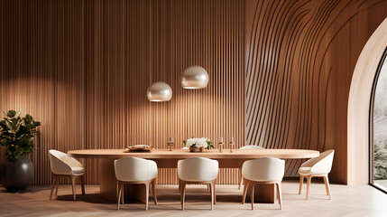 Minimalist interior design of modern dining room with abstract wood paneling arched wall