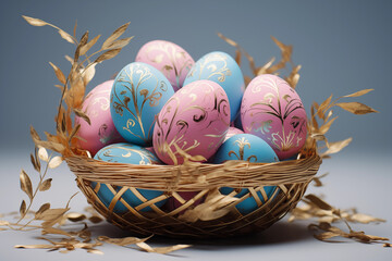 Colorful Easter eggs in the nest on a dark background. Generated by artificial intelligence. 