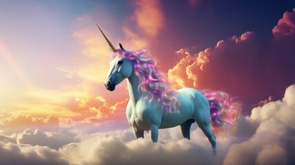 Obraz na płótnie Canvas Magic unicorn beautiful sky with rainbow wallpaper image Ai generated art