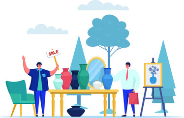 Two men at outdoor pottery market sale, vendor holding a sale sign and customer with shopping bag. Art fair and handmade ceramic pottery shopping vector illustration.