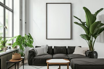 Mock up frame poster in scandinavian style livingroom with fabric sofa
