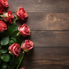 Roses on wooden board for Valentines Day background.