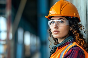 Young woman with a hard hat on a construction side