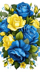 Abstract bouquet from blue and yellow flowers