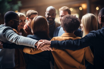 A team of professionals gathered in a circle, engaged in a team-building exercise, showcasing the importance of unity, trust, and interpersonal connections in teamwork - obrazy, fototapety, plakaty