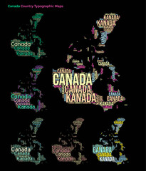 Canada. Set of typography style country illustrations. Canada map shape build of horizontal and vertical country names. Vector illustration.