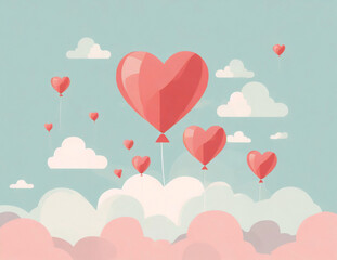 たくさんの赤いハートのバルーンがふわふわした雲の上に浮かんでいるイラスト　