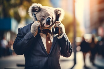 koala bear portrait in suit use mobile phone on city street, Generative AI
