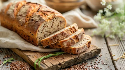 Crédence de cuisine en plexiglas Boulangerie Multi grain sourdough bread with flax seeds cut on a wooden board, closeup view. Healthy vegan bread choice