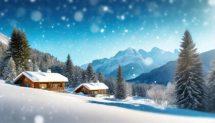 location chalet appartement séjour vacances au ski à la montagne hiver printemps paysage neige sapin ciel bleu flocon bokeh flou et zone de texte - obrazy, fototapety, plakaty