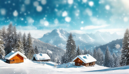 paysage vacances hiver neige ski montagne chalet sapin ciel bleu flocon bokeh flou espace de copie - obrazy, fototapety, plakaty