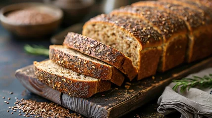 Tuinposter Multi grain sourdough bread with flax seeds cut on a wooden board, closeup view. Healthy vegan bread choice © buraratn