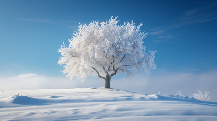 Fototapeta na wymiar A solitary tree covered in frost, standing in the middle of a snowy landscape under a clear blue sky. Its branches covered with white frost, giving it a delicate and ethereal appearance.