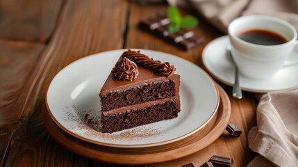 Fototapeta na wymiar Plate with slice of tasty homemade chocolate cake on table
