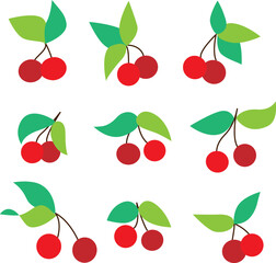 Cartoon cherries isolated on white. Vector Illustration. Set of red berries with green leaves.
