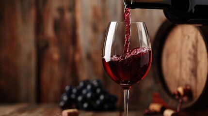 Pouring red wine into the glass against rustic background. Pour alcohol, winery concept. - obrazy, fototapety, plakaty