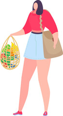 Young woman holding a reusable mesh bag full of fresh fruits. Eco-friendly shopping and zero waste lifestyle vector illustration.