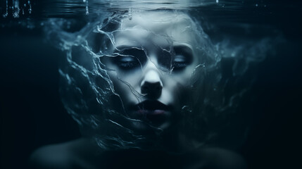 Surreales Portrait einer Frau unter Wasser mit Strukturen von gefrorenem Wasser. Konzept: Depression. Illustration in kühlen Farben. Düstere Atmosphäre - obrazy, fototapety, plakaty