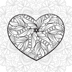 Valentine's Day heart shape mandala. Lovely intricate antistress coloring page.