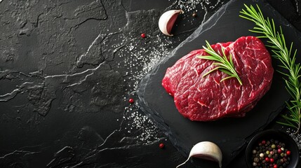 Raw dry aged bison beef rump steak piece as close-up with herbs and spice on black background with copy space - obrazy, fototapety, plakaty