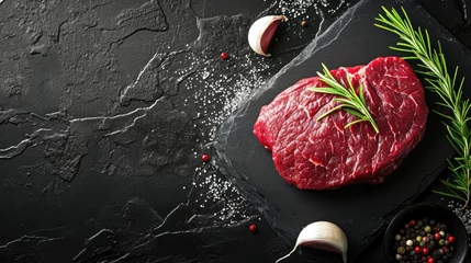 Zelfklevend Fotobehang Raw dry aged bison beef rump steak piece as close-up with herbs and spice on black background with copy space © buraratn