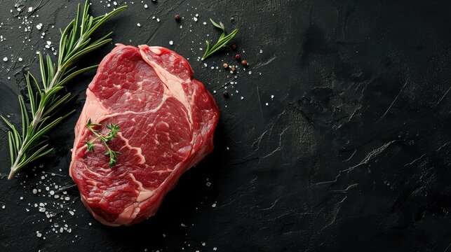 Raw dry aged bison beef rump steak piece as close-up with herbs and spice on black background with copy space