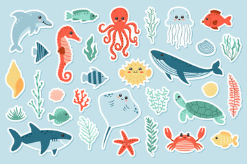 Сute sea life sticker set. Shark, dolphin, seahorse, turtle, starfish, sea urchin, whale, jellyfish, fish, octopus, crab. Cartoon vector illustration - obrazy, fototapety, plakaty