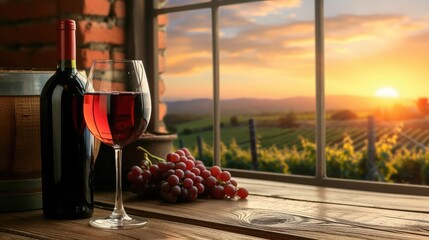 Red wine tasting in the wine cellar: wineglass and bottles next to the window and panoramic view of...