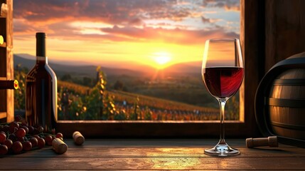 Red wine tasting in the wine cellar: wineglass and bottles next to the window and panoramic view of...