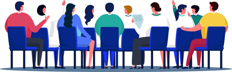 Group of diverse people sitting in a meeting, audience participation, presenting report. Business meeting, team discussion, interactive workshop vector illustration.