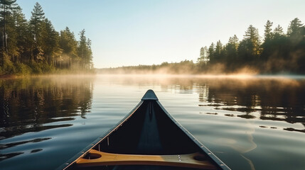 Bow of a canoe in the morning on a misty lake in Ontario, Canada. - Powered by Adobe