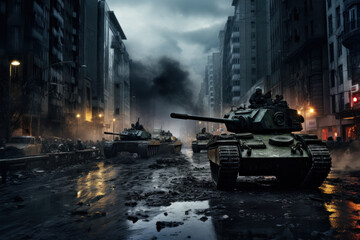 Dramatic urban scene with tanks and soldiers in a misty, war-torn cityscape, evoking a tense, cinematic atmosphere - obrazy, fototapety, plakaty