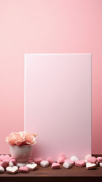 Valentine's day background with pink roses and heart shapes. Copy space.