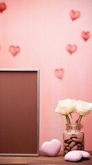 Valentine's day background with frame, white tulips and hearts.
