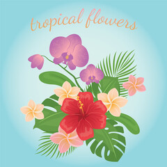 Vector card of bouquet with tropical flowers. Hawaiian style floral arrangement, with beautiful hibiscus, palm, plumeria, monstera, orchid. Vector illustration, vintage style.