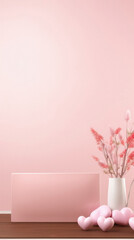 Pastel pink background with vase of flowers and heart shapes. Copy space.