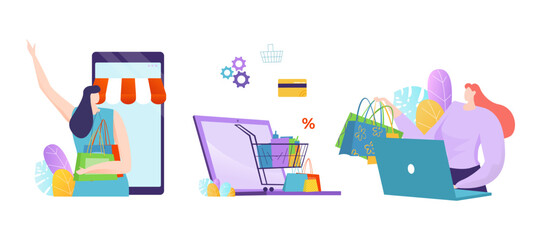 Woman shopping online using laptop, bags in cart, excited online shopper. Digital shopping, e-commerce concept, modern consumerism vector illustration