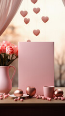 Pink heart-shaped candies, cup and blank card on window sill.