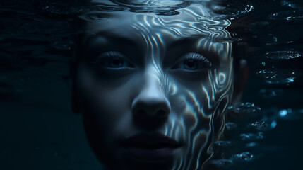 Surreales Portrait einer Frau unter Wasser mit Wellen-Muster auf der Haut. Konzept: Die eigenen Gefühle reflektieren. Illustration in kühlen Farben. Düstere Atmosphäre - obrazy, fototapety, plakaty