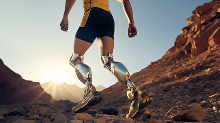 Inspirational athlete with prosthetic legs running in a desert, showcasing determination and the triumph of human spirit